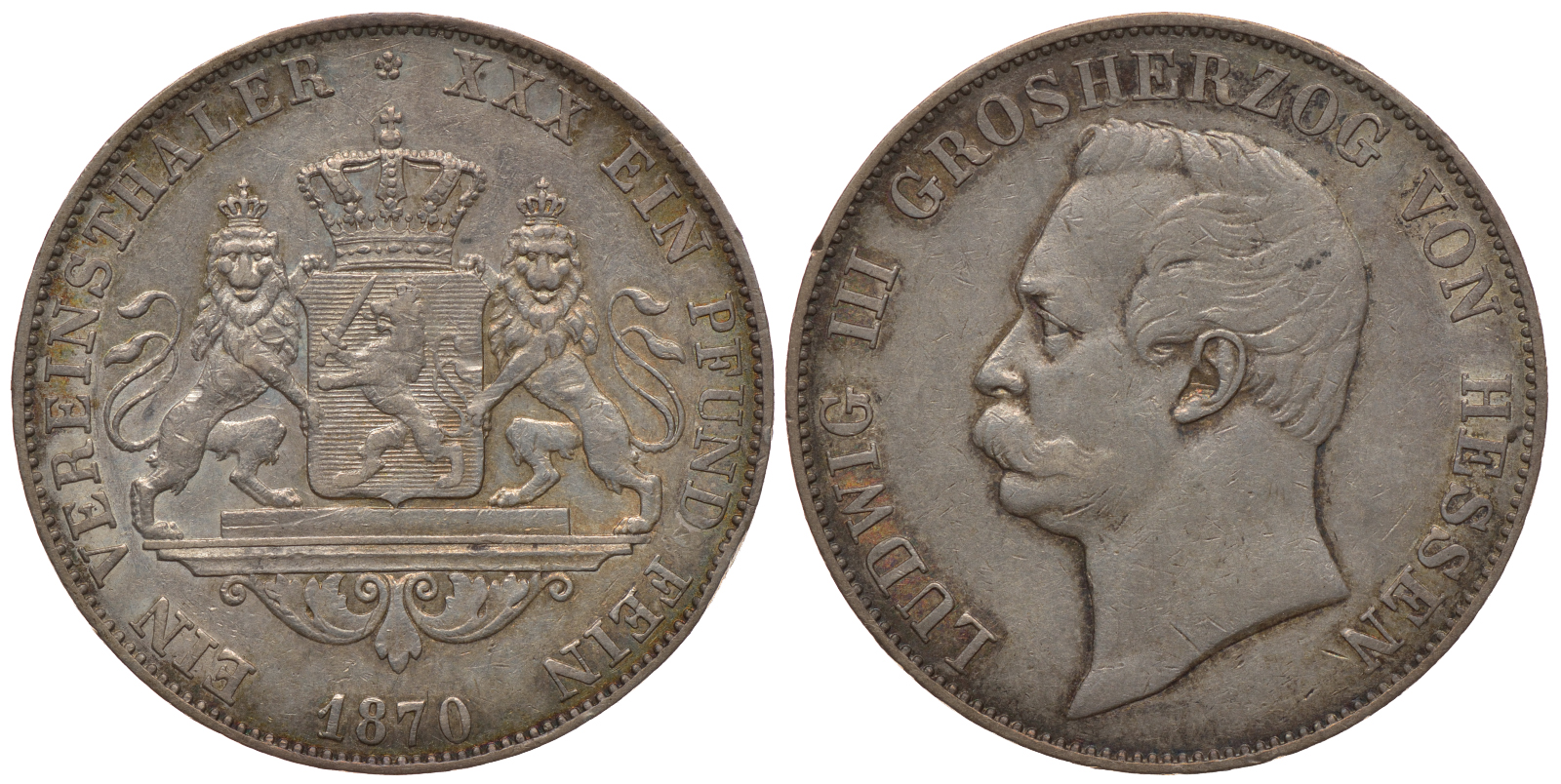 Гессен-Дармштадт 1 талер 1870 Людвиг III (1848-1877) AKS 120, Dav. 707, Kahnt 266, Thun 200, KM 338 серебро 00-807-39