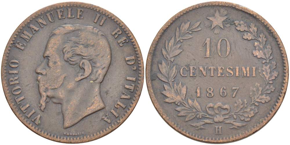 Италия 10 чентезимо 1867 H, Виктор Эммануил II (1861-1878) KM 11.3 медь 4526-843