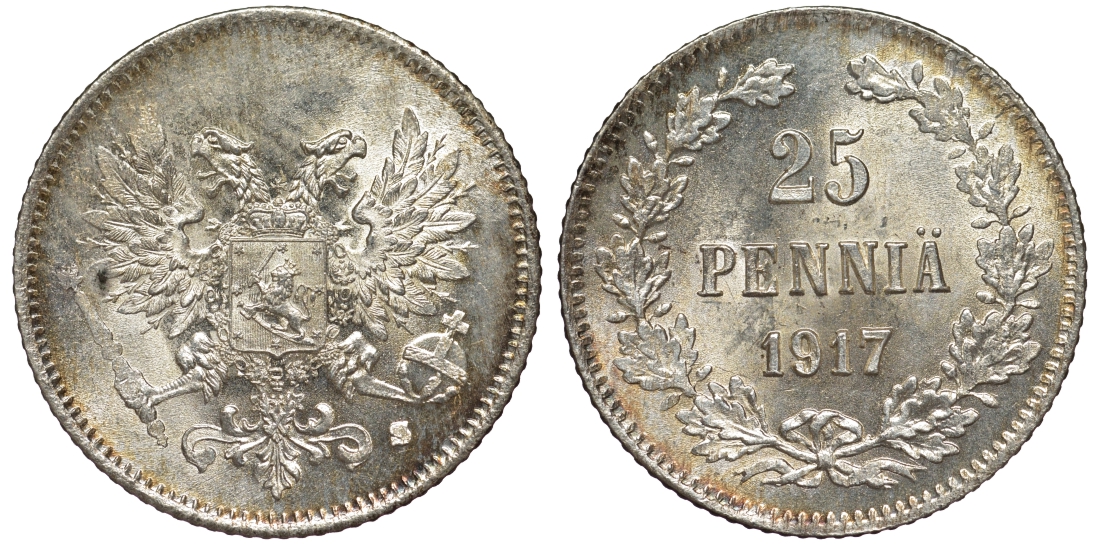Россия для Финляндии 25 пенни 1917 S, временное правительство, без короны KM 19, Биткин 2 серебро 75-1513