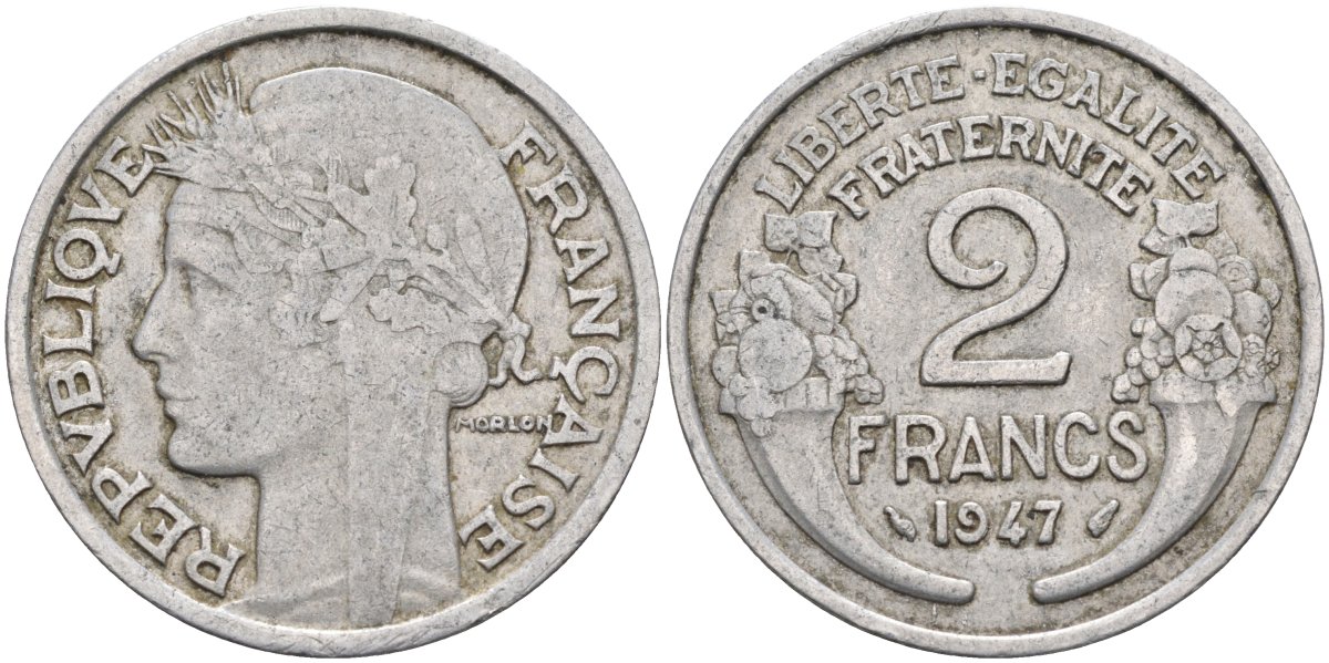 Франция 2 франка 1947 KM 886а.1, Le Franc 269.10 алюминий 4593-315