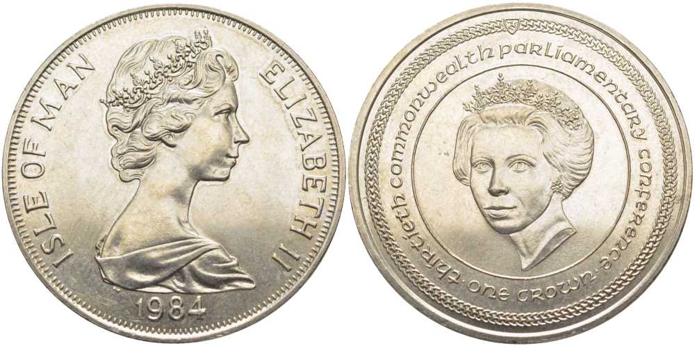 Остров Мэн 1 крона 1984 30 ЛЕТ ПАРЛАМЕНТСКОЙ КОНФЕРЕНЦИИ СТРАН БРИТАНСКОГО СОДРУЖЕСТВА, ЕЛИЗАВЕТА II KM 132 медно-никель UNC 107-732