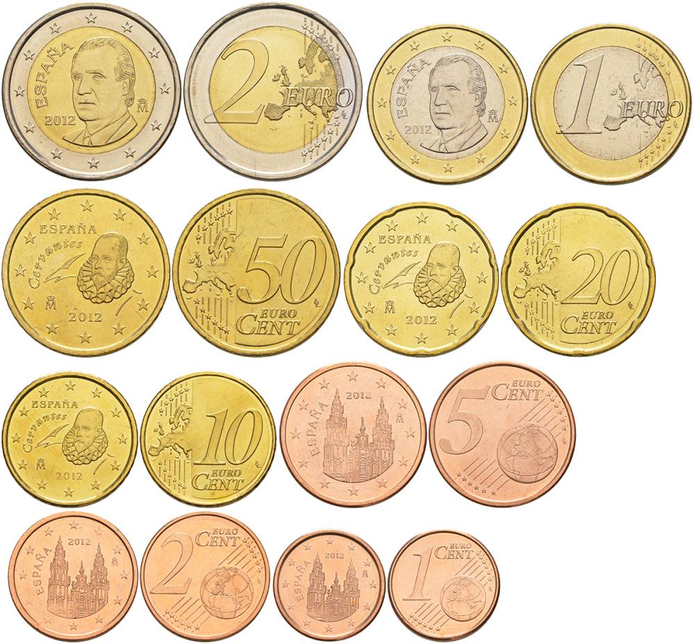 Испания евронабор из 8 монет 2012 1, 2, 5, 10, 20, 50 евроцентов, 1 и 2 евро KM 1040, 1041, 1042, 1070, 1071, 1072, 1073, 1074 UNC 183-621
