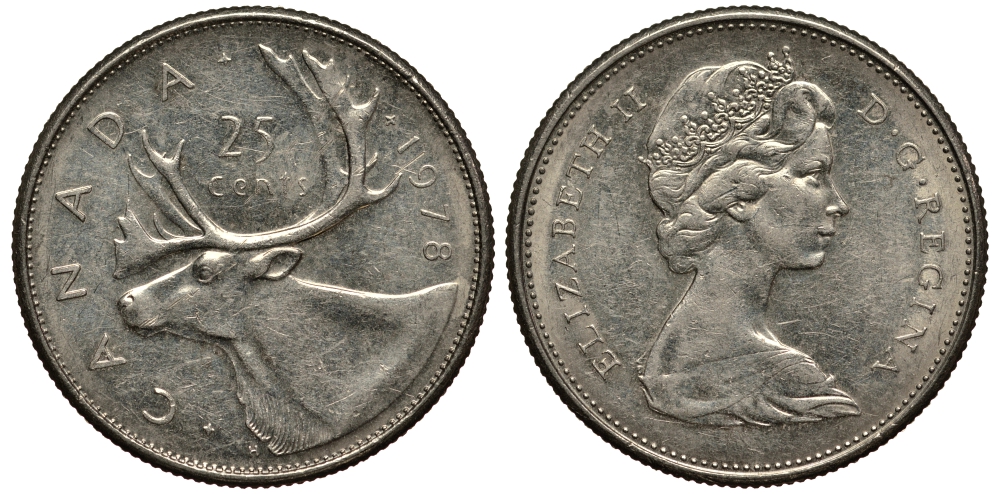 КАНАДА 25 ЦЕНТОВ 1978 ОЛЕНЬ, ЕЛИЗАВЕТА II (1952-) KM 62b никель VF 4182-526