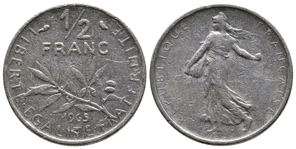 Франция 1/2 франка 1965 сеятель KM 931, Le Franc 198.3 никель 26-963