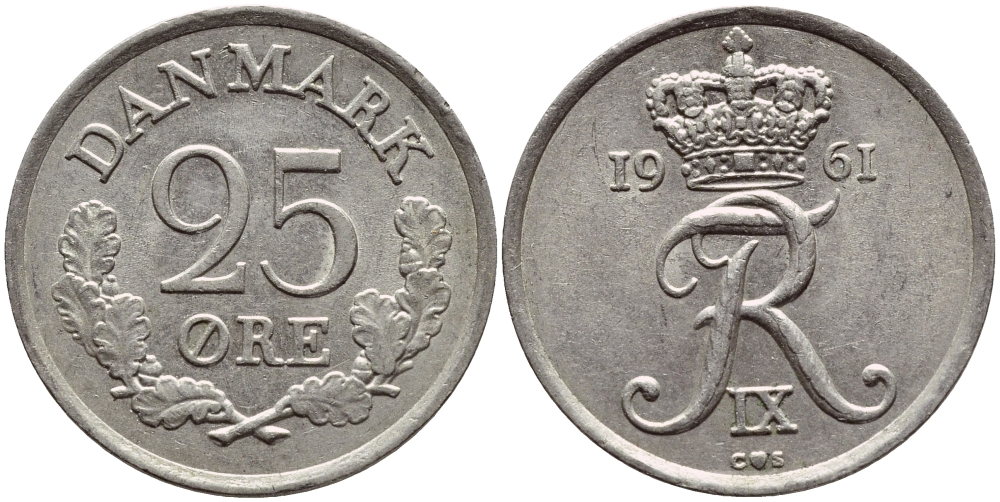 ДАНИЯ 25 ЭРЕ 1961 C; S, ФРЕДЕРИК IX (1947-1972) KM 850 медно-никель UNC 4398-944