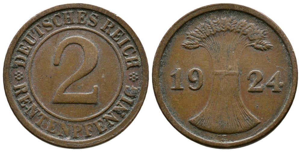 ГЕРМАНИЯ 2 РЕНТЕНПФЕННИГА 1924 E KM 31, J.307 бронза 86-1612