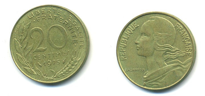 ФРАНЦИЯ 20 САНТИМОВ 1975 KM 930 медь алюминий никель 25-123