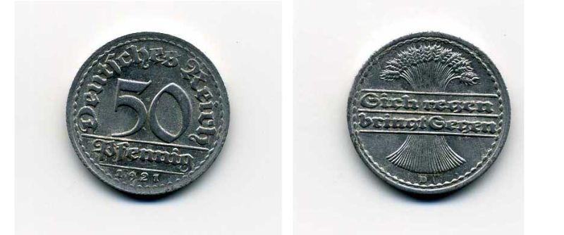 ГЕРМАНИЯ 50 ПФЕННИГОВ 1921 D KM 27, J. 301 алюминий 29-331