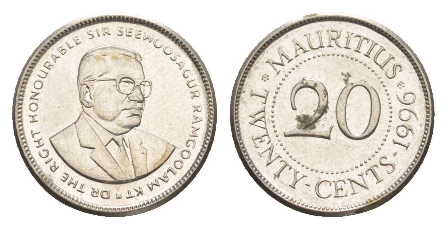 Маврикий 20 центов 1996 Сивусагур Рамгулам KM 53 сталь плакированная никелем UNC 4649-614