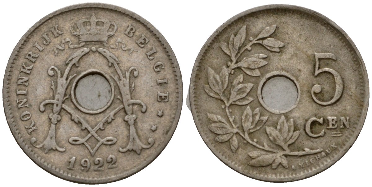 Бельгия 5 сантимов 1922 Belgie KM 67 медно-никель 4602-122