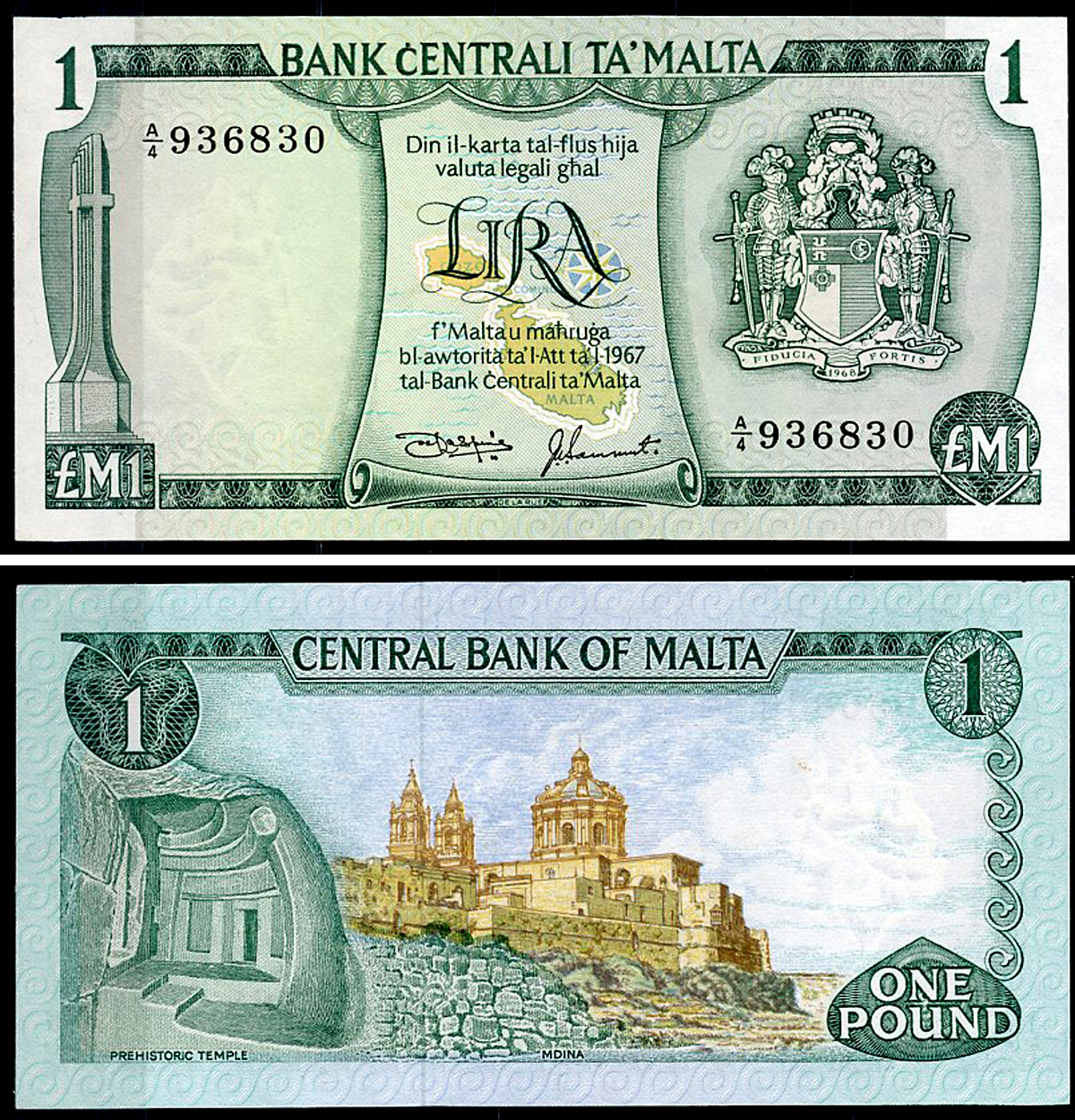 Мальта 1 лира L. 1967 (1973) карта, Кафедральный собор Святого Павла в Мдине, J. Laspina & J. Sammut Pick 31 d  бумага  UNC (пресс) 451-1241-2