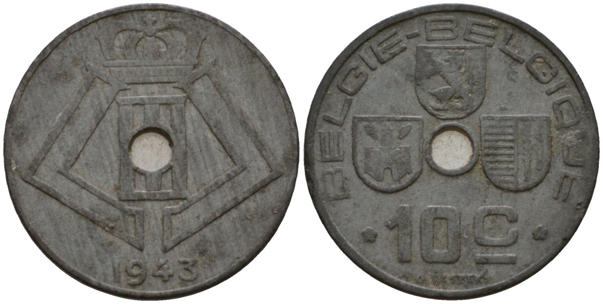 Бельгия 10 сантимов 1943 Belgie - Belgique KM 126 цинк 100-755