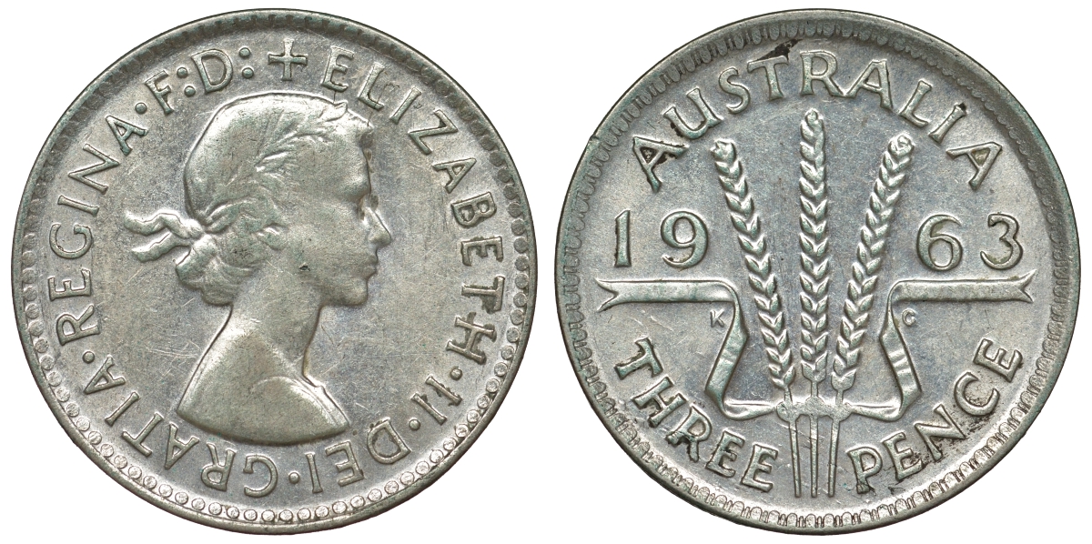 Австралия 3 пенса 1963 m, Елизавета II (1952-2022) KM 57 серебро 71-948