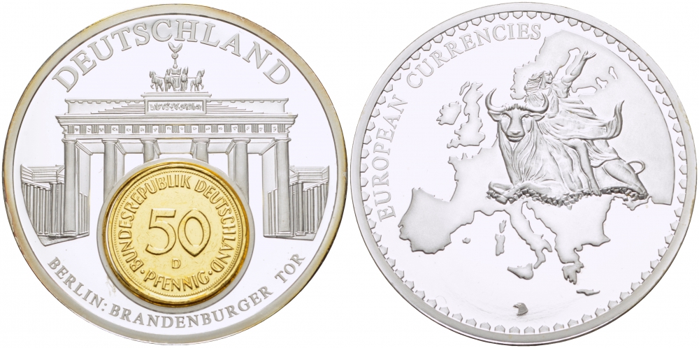 ФРГ МЕДАЛЬ С МОНЕТОЙ ЕВРОПЕЙСКИЕ ВАЛЮТЫ, АРХИТЕКТУРА PROOF 01-240-21