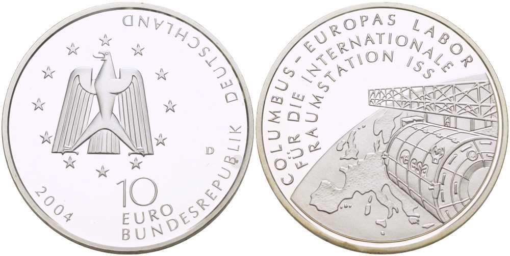 ФРГ 10 евро 2004 D, лаборатория Коламбус на МКС, космос, космическая станция KM 234, DE.S. 10.17 серебро PROOF 00-00