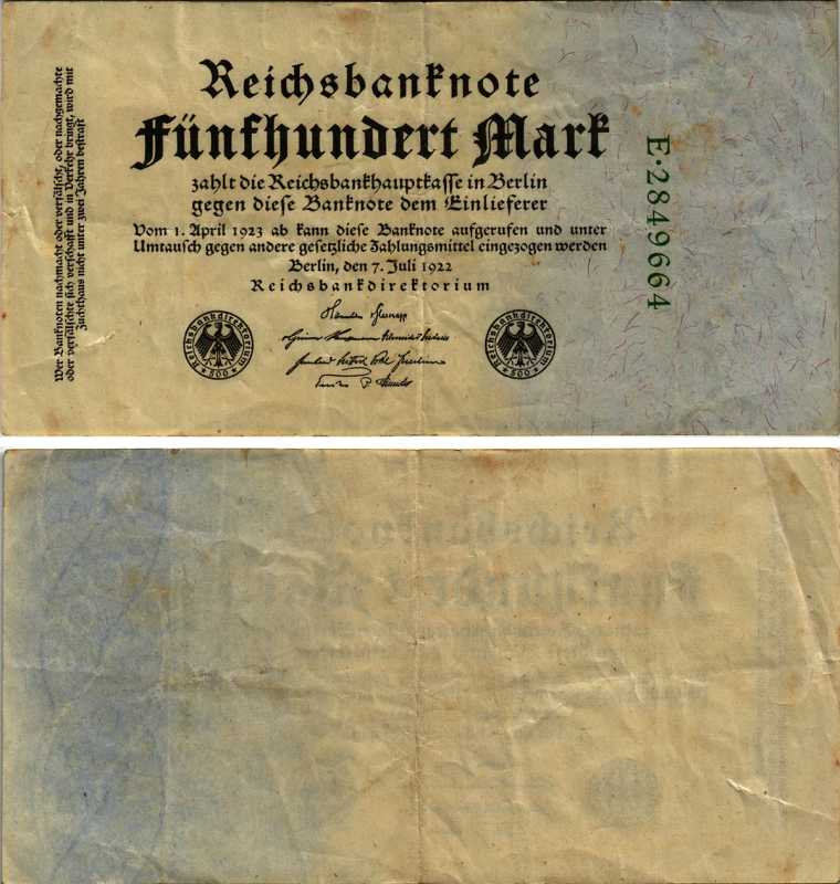 Германия 500 марок 1922 зеленая серия, 7 цифр в номере Pick 74 b бумага 7487-18-1