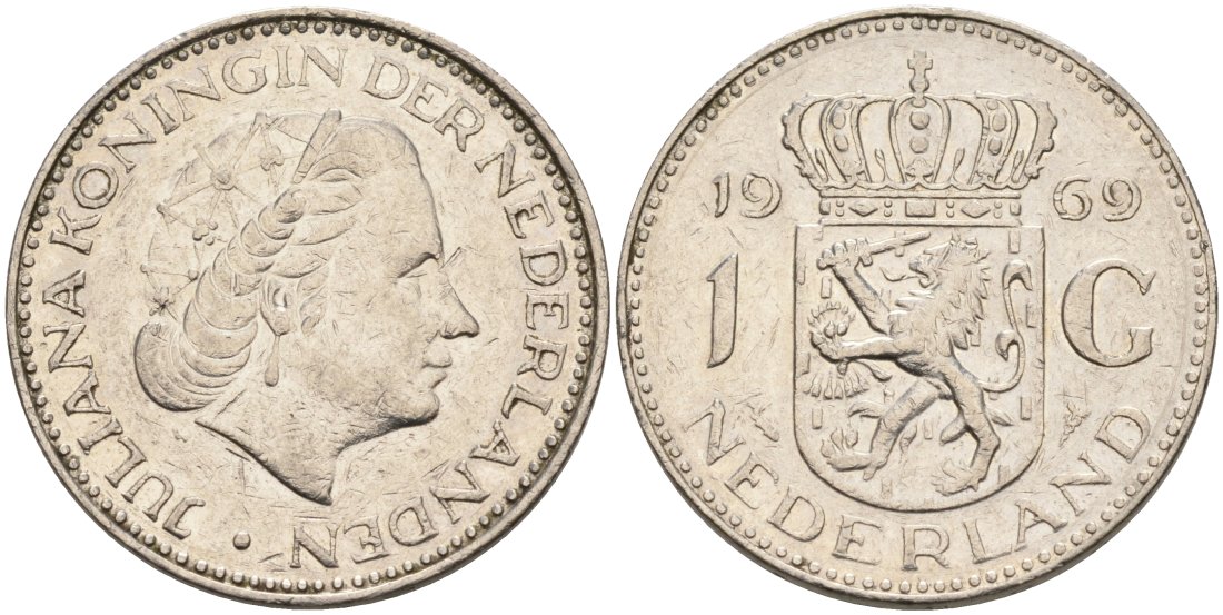 Нидерланды 1 гульден 1969 Юлиана (1948-1980) KM 184а никель 4573-446