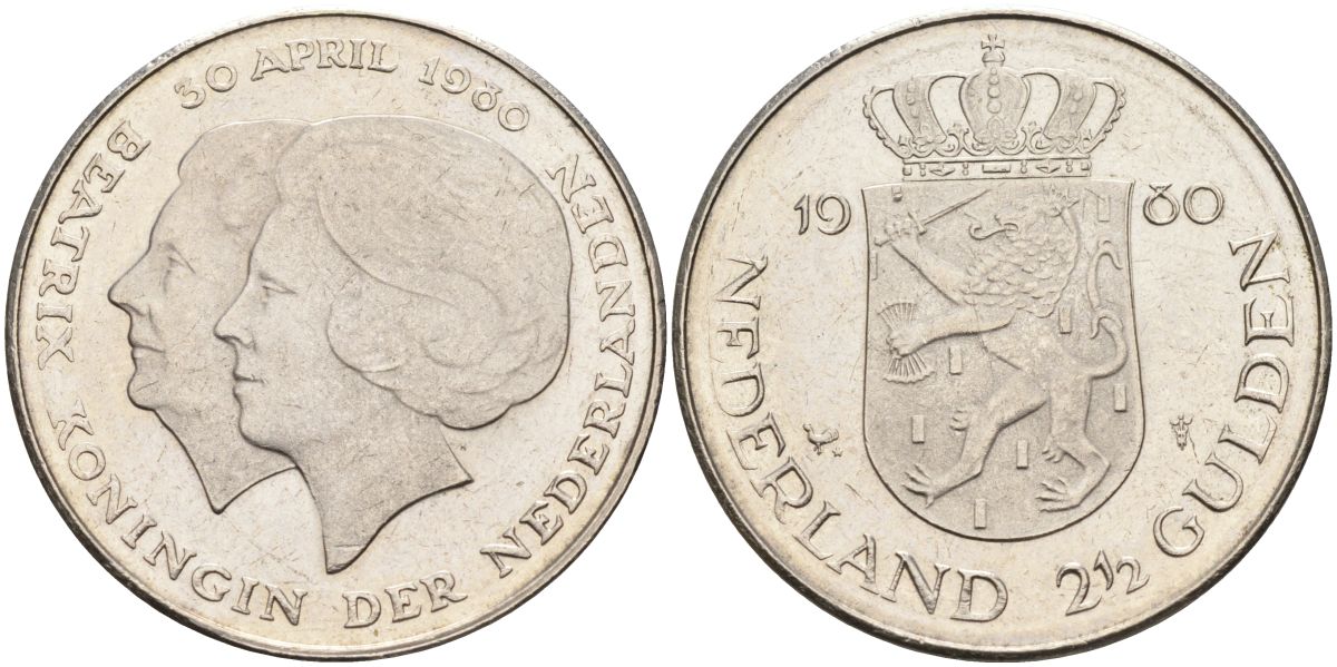 Нидерланды 2 1/2 гульдена 1980 коронация Беатрикс, 30 апреля 1980 KM 201 никель 4593-1032