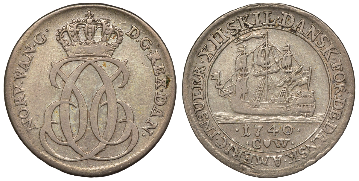 Датская Вестиндия 12 скиллингов 1740 KM 4 серебро 02-205-14
