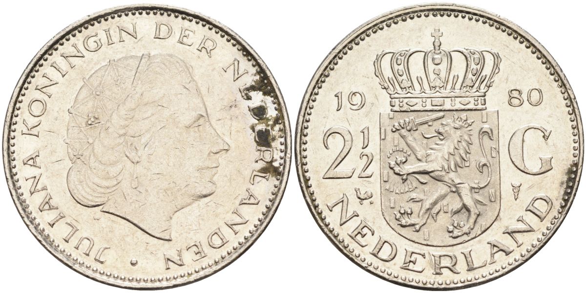Нидерланды 2 1/2 гульдена 1980 Юлиана (1948-1980) KM 191 никель 4593-643