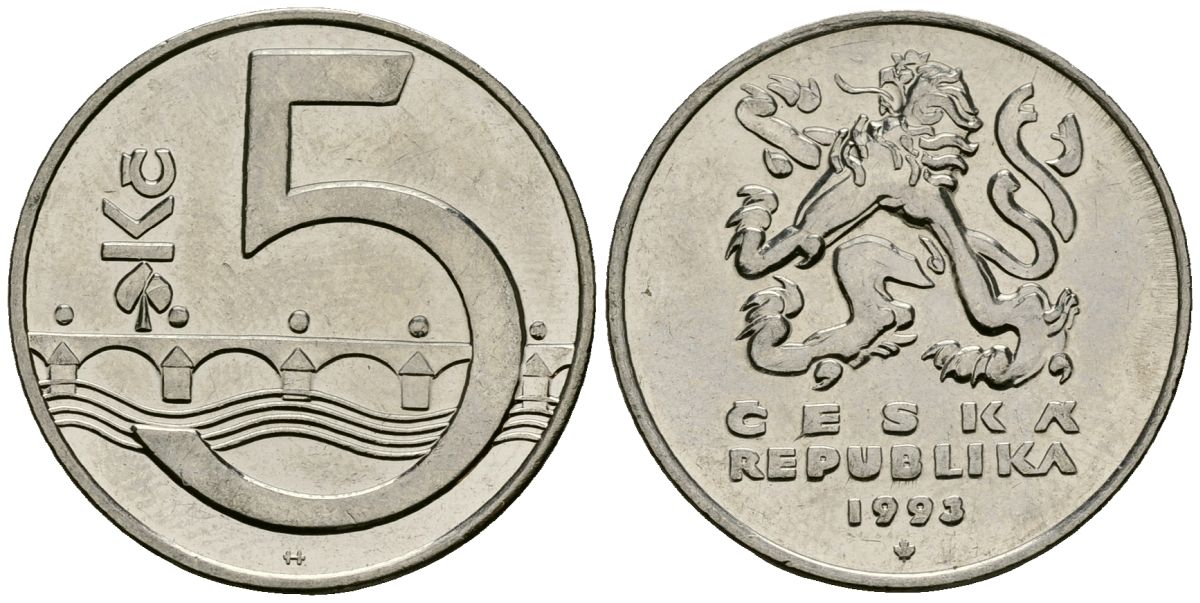 Чехия 5 крон 1993 чешский лев, Карлов мост KM 8 сталь плакированная никелем 4167-947