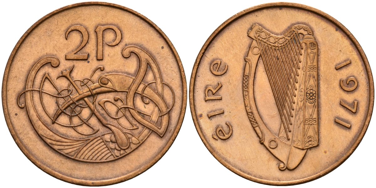 Ирландия 2 пенсов 1971 Виньетка в виде стилизованной птицы из второй библии Карла II Лысого KM 21 бронза 4140-235