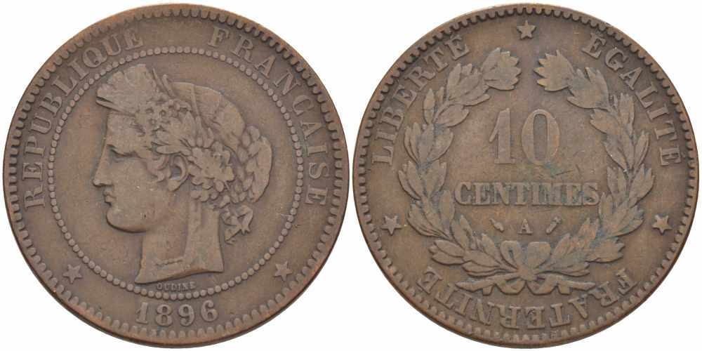 ФРАНЦИЯ 10 САНТИМОВ 1896 A, ТРЕТЬЯ РЕСПУБЛИКА (1871-1940) KM 815.1, LA FRANC 135.41 бронза 82-941
