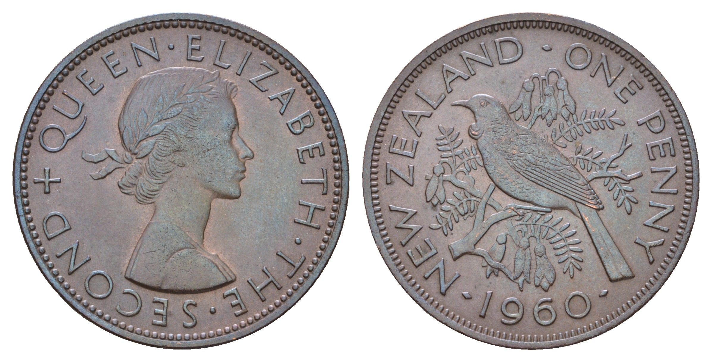Новая Зеландия 1 пенни 1960 птица туи, Елизавета II (1952-2022) KM 24.2 бронза UNC 4672-312