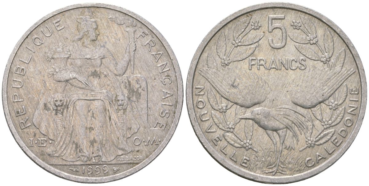 Французская Новая Каледония 5 франков 1999 птица кагу, (IEOM) KM 16, Schoen 12, Lec 81d алюминий 189-216