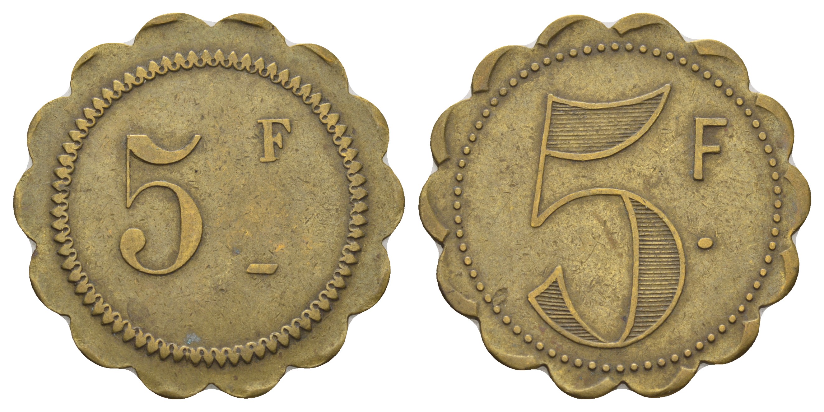 Франция 5 франков начало XX века d около 35 мм, вес около 7,4 гр платежный жетон латунь 4683-133