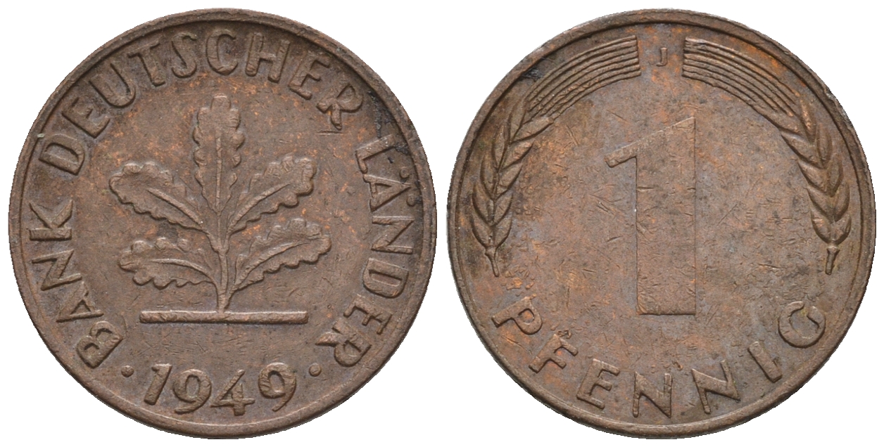 ФРГ 1 пфенниг 1949 J KM А101, J.376 сталь плакированная медью 4609-322