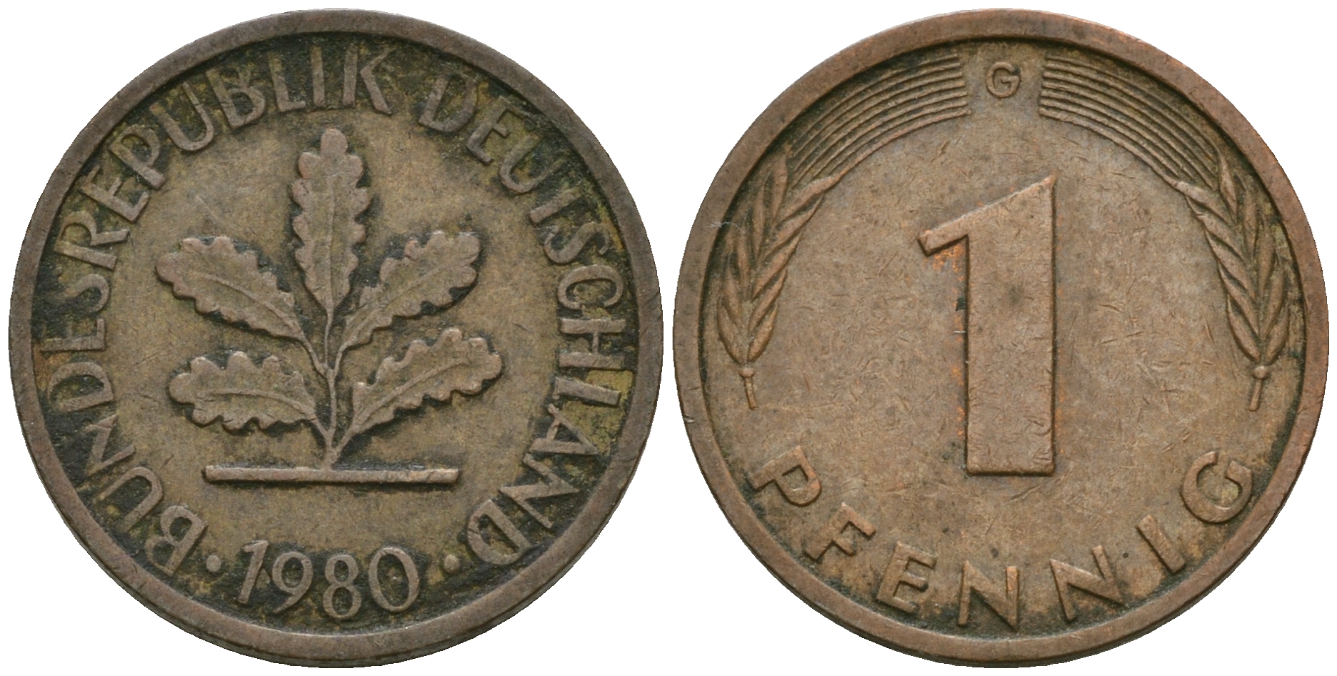 ФРГ 1 пфенниг 1980 G KM 105, J.380 сталь плакированная медью 08-1317