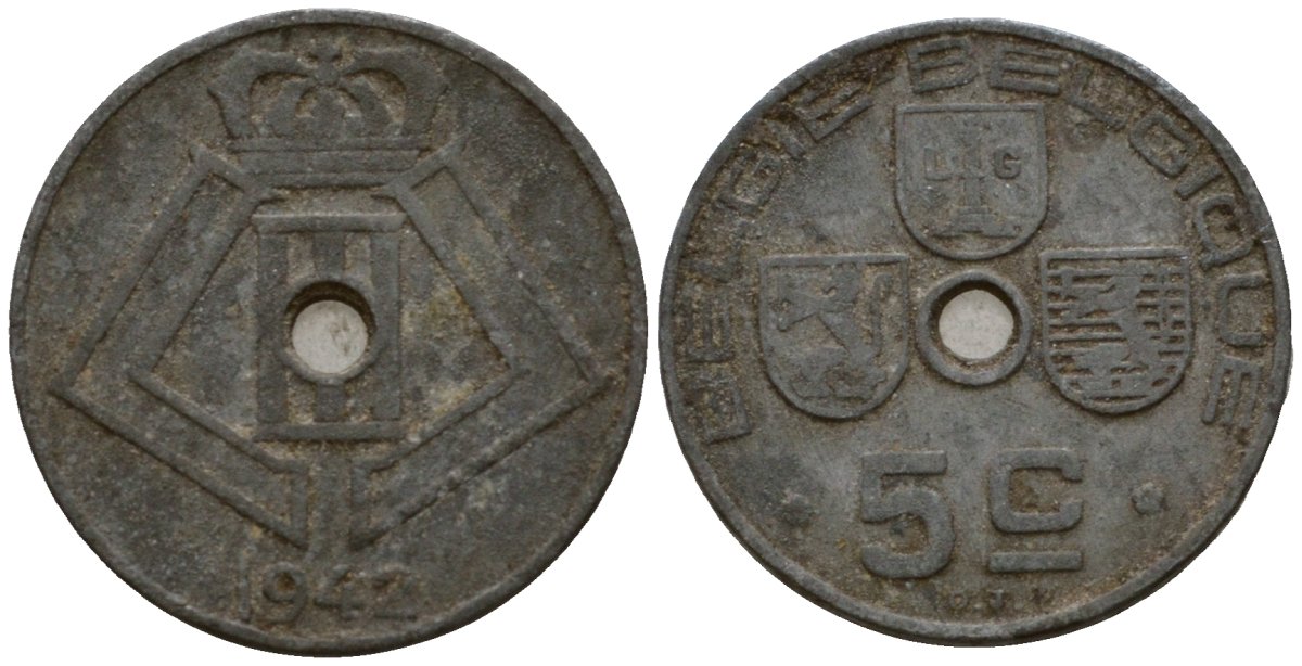 Бельгия 5 сантимов 1942 Belgie - Belgique KM 124 цинк 4602-137
