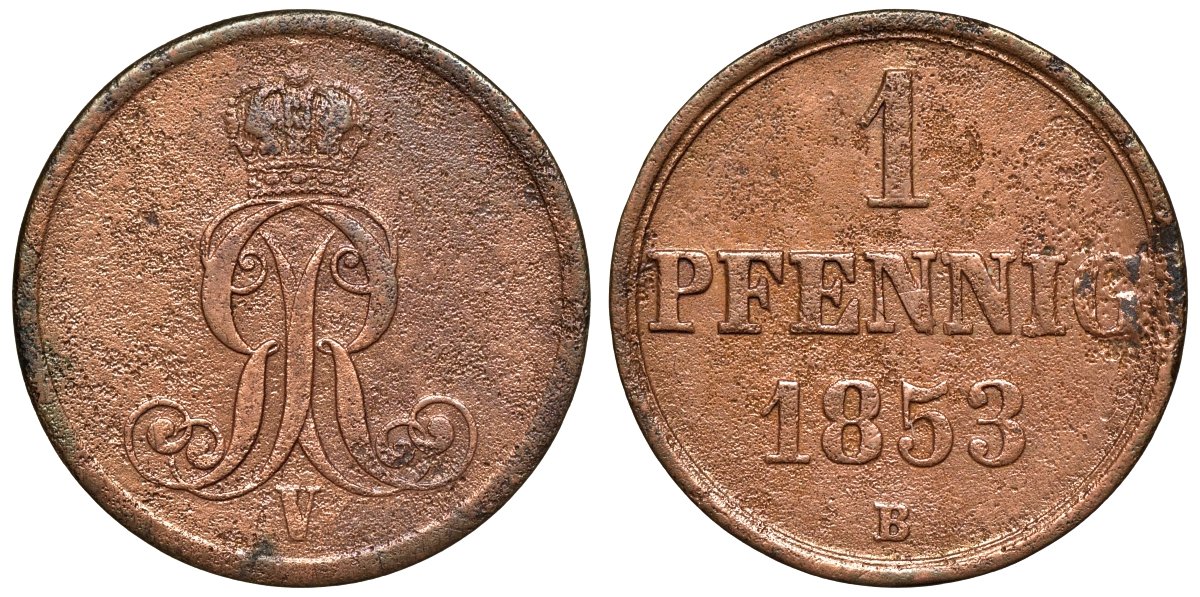 Ганновер 1 пфенниг 1853 B, Георг V KM 221, AKS 155, J. 83 медь 4594-462