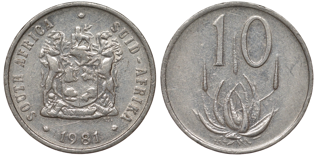 ЮАР 10 ЦЕНТОВ 1981 ГЕРБ, ЦВЕТОК АЛОЭ KM 85 никель 62-1231