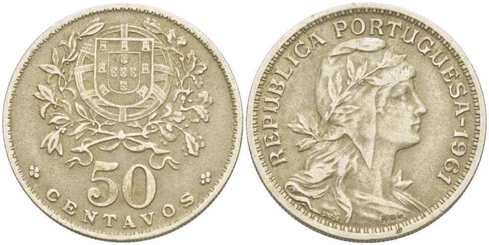 Португалия 50 сентаво 1961 голова Свободы вправо KM 577 медно-никель 4513-1216