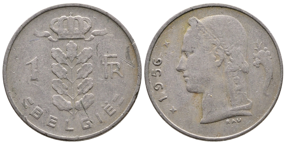 БЕЛЬГИЯ 1 ФРАНК 1956 BELGIE KM 143.1 медно-никель 4382-1253