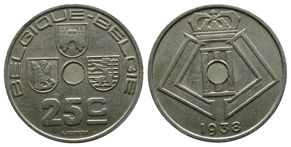 Бельгия 25 сантимов 1938 Belgique - Belgie KM 114.1 никель латунь 259-942