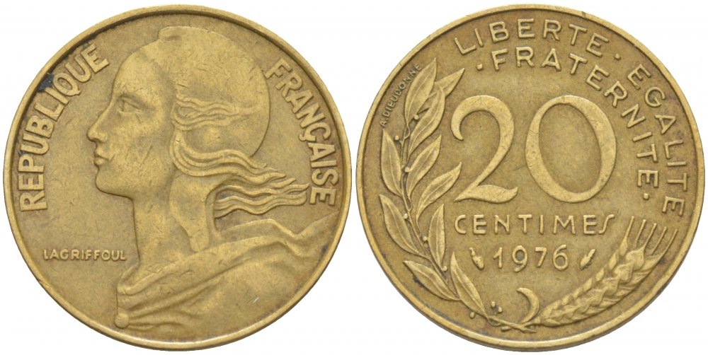 ФРАНЦИЯ 20 САНТИМОВ 1976 ТИП MARIANNE KM 930, LE FRANC 156.16 алюминиевая бронза 4402-955