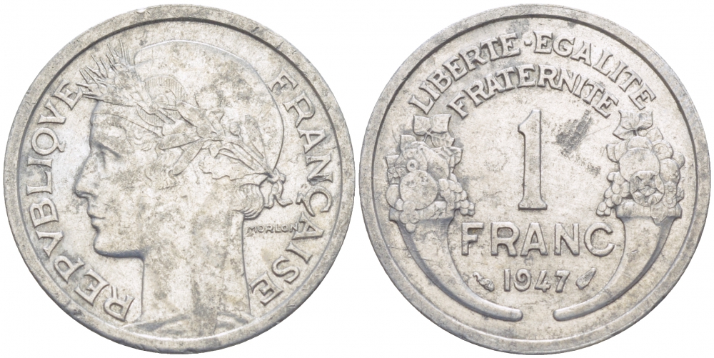 ФРАНЦИЯ 1 ФРАНК 1947 KM 885a.1 алюминий 4402-1026