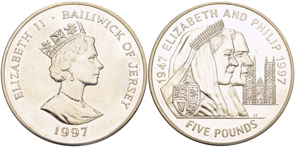 Джерси 5 фунтов 1997 Елизавета и Филипп, золотая свадьба KM 100 медно-никель UNC 118-424