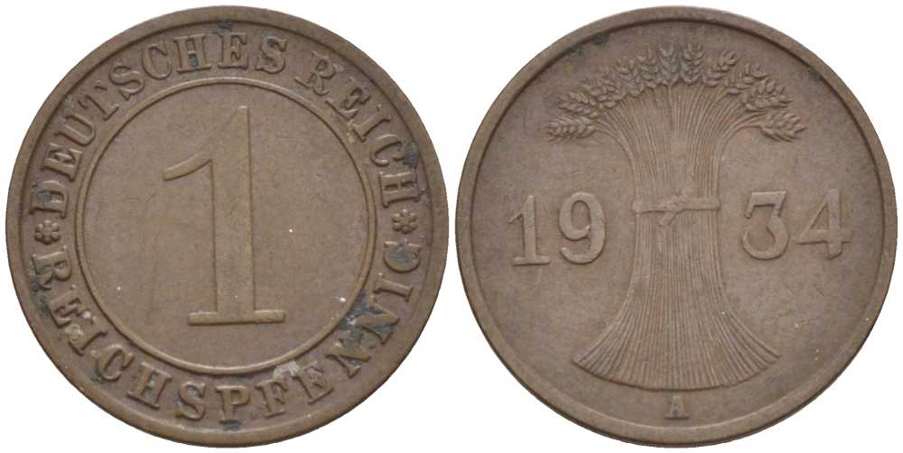 ГЕРМАНИЯ 1 РЕЙХСПФЕННИГ 1934 A KM 37, J. 313, Weege 2 бронза 211-125