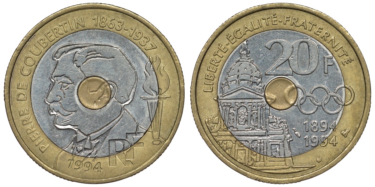 Франция 20 франков 1994 100 лет международному Олимпийскому комитету, Пьер Кубертен KM 1036, Le Franc 405.2 триметалл 4123-726