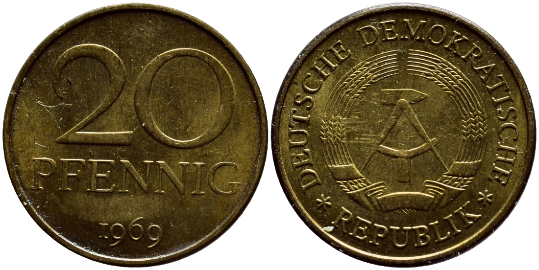 ГДР 20 пфеннигов 1969 А, первый год KM 11 латунь UNC 4398-1123