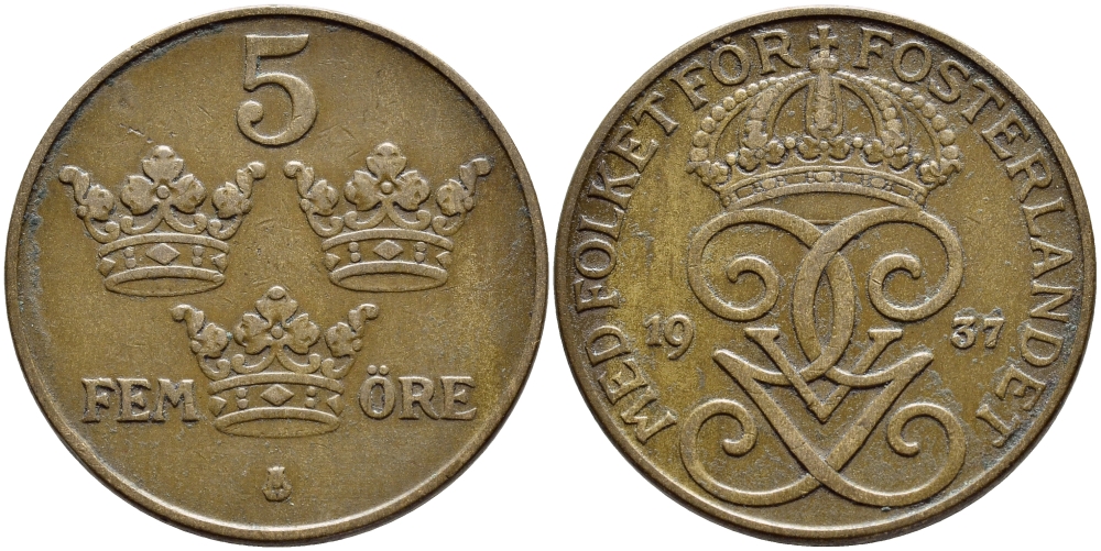 Швеция 5 эре 1937 Густав V (1907-1950) KM 779.2 бронза 4394-934