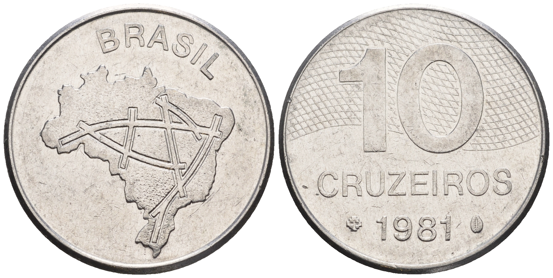 Бразилия 10 крузейро 1981 карта Бразилии KM 592.1 нержавеющая сталь 87-543