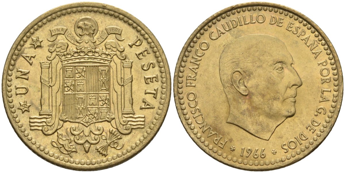 Испания 1 песета 1966 (74) Франсиско Франко (1939-1975) KM 796 алюминиевая бронза 4604-143