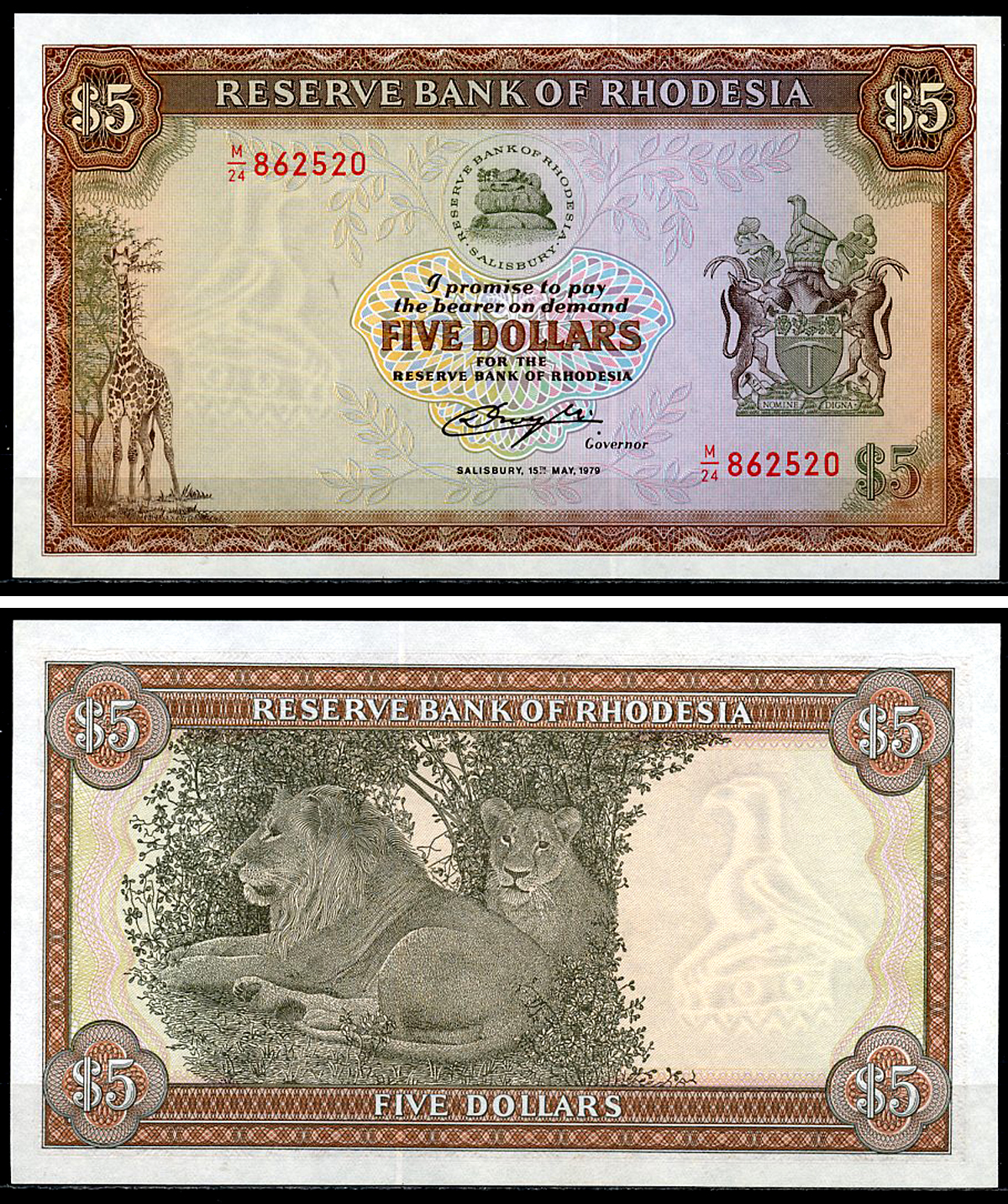 Родезия 5 долларов 1979 жираф, лев Pick 40  бумага  UNC (пресс) 451-997-1