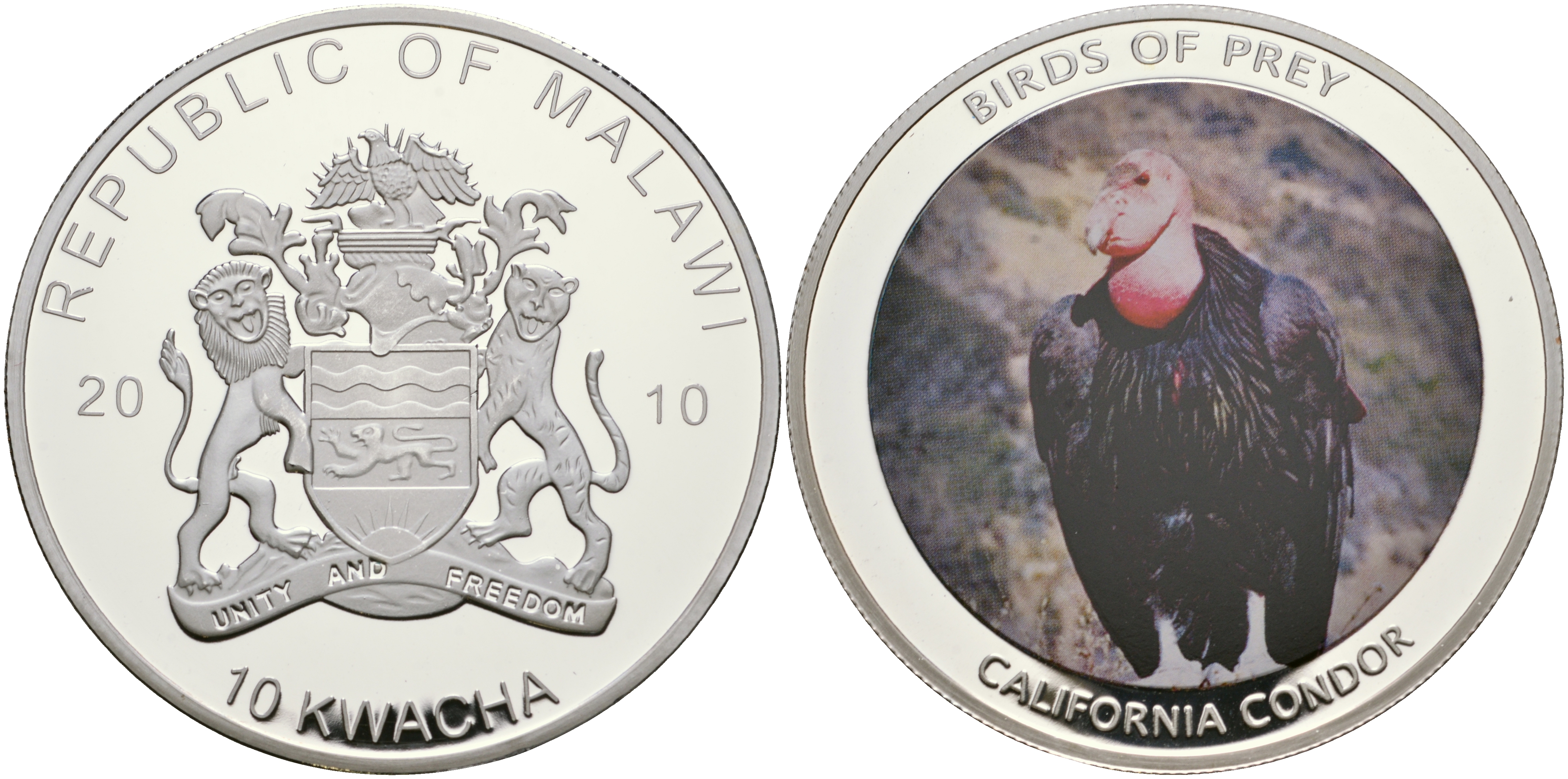 Малави 10 квача 2010 хищные птицы, калифорнийский кондор, цветная эмаль, диаметр 50 мм PROOF 05-089-14