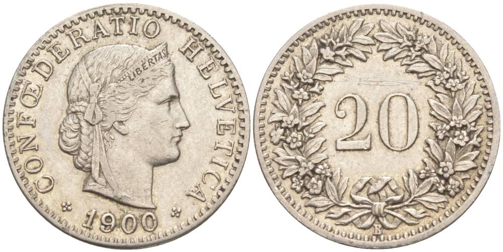 Швейцария 20 раппенов 1900 В KM 29 никель 55-616